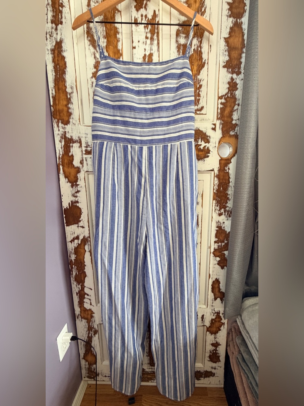 Francesca's Smocked Back Tie Jumpsuit Blue & White Striped Size XL Coastal